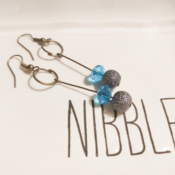 Handmande Drop Earrings - Blue glass, textured grey faux pearl - Picture 1 of 4